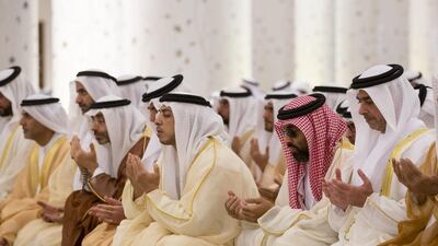 Sheikh Saif bin Zayed, Sheikh Tahnoon bin Zayed, Sheikh Mansour bin Zayed, Sheikh Diab bin Zayed and other dignitaries attend Eid Al Fitr prayers at Sheikh Zayed Grand Mosque. Mohamed Al Hammadi / Crown Prince Court — Abu Dhabi