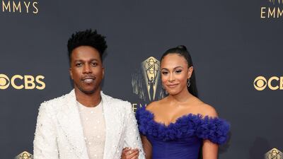 Leslie Odom Jr and Nicolette Robinson, wearing Tony Ward, attend the 73rd Primetime Emmy Awards. AFP