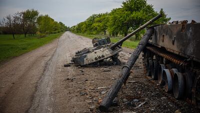 A destroyed Russian BMP-3 infantry fighting vehicle near Pokrovske, eastern Ukraine. AFP