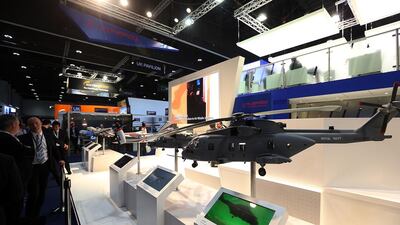 Above, various models of helicopters on display at the Leonardo stand. Satish Kumar / The National