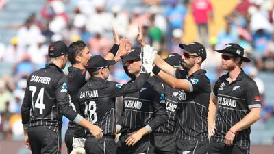 New Zealand's Trent Boult celebrates with teammates after taking the wicket of South Africa captain Temba Bavuma. Getty Images