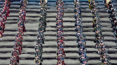 The Massed Pipes & Drums perform during the 75th Royal Edinburgh Military Tattoo at Edinburgh Castle. AP