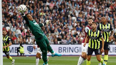 West Ham goalkeeper Alphonse Areola saves superbly from City's Kevin De Bruyne in the first half. AFP