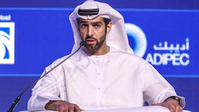 Mansoor Al Hamed, chief executive of Mubadala Energy, speaks during a panel session at Adipec in Abu Dhabi. Victor Besa / The National