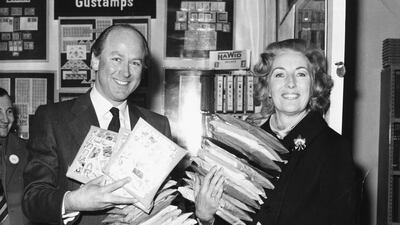 Politician Sir John Eden, Minister for Posts and Telecommunications, and singer Vera Lynn hold bags of stamps to be sold at the Stampex Exhibition at Royal Horticultural New Hall, Westminster, on February 26, 1973. Getty Images