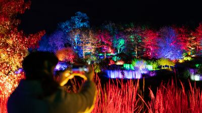 Visitors enjoy the 'Glow' winter light trail at RHS Hyde Hall Gardens in Chelmsford, Essex. PA