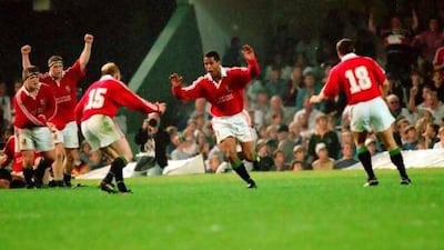 Jeremy Guscott, right, kicked the winning drop-goal in the the second Test against South Africa at Kings Park in 1997 to win the game 18-15 - the last time the British & Irish Lions won a series. Getty Images