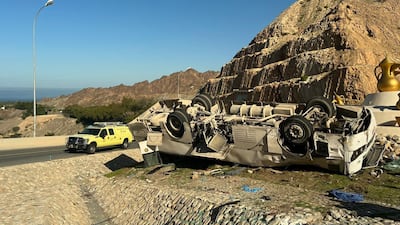 A bus carrying 53 passengers veered into the side of a mountain on Friday in Oman, killing four people. All photos: Oman Police