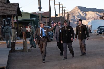 From left, Cillian Murphy as J Robert Oppenheimer, Olli Haaskivi as Edward Condon, Matt Damon as Leslie Groves and Dane DeHaan as Kenneth Nichols in Oppenheimer. Photo: Universal pictures