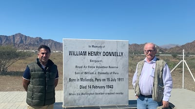 The story of the 'Luigi Galvani' was told in an article by Mr Iqbal and UAE cultural historian Peter Hellyer in the Emirates Natural History Group journal, 'Tribulus'. They are pictured at the memorial to British airman William Donnelly in Fujairah in February, 2020. Courtesy: Ali Iqbal
