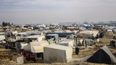 Gazans displaced by Israel's bombardment are taking shelter in makeshift dwellings in Al Mawasi, an area near the southern city of Rafah. Bloomberg