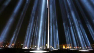 A Japanese artist, Ryoji Ikeda, has set up his Spectra light installation on Flag Island. It will shine each night until November 24 and will be visible as far away as Ajman and Dubai. Pawan Singh / The National