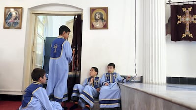 Boys mill around inside one of the old churches. Jenny Gustafsson