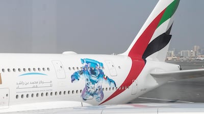 The A380 aircraft was decorated with an astronaut graphic and the MBRSC logo