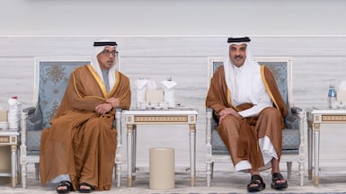 Sheikh Mansour bin Zayed, UAE Vice President, Deputy Prime Minister and Chairman of the Presidential Court, offers condolences to Sheikh Tamim, the Emir of Qatar. AFP