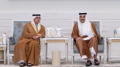 Sheikh Mansour bin Zayed, UAE Vice President, Deputy Prime Minister and Chairman of the Presidential Court, offers condolences to Sheikh Tamim, the Emir of Qatar. AFP