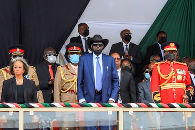 South Sudan's President Salva Kiir, centre, and Ethiopia's President Sahle-Work Zewde, left, attend a memorial service in Nairobi for Mwai Kibaki, Kenya's third president. EPA