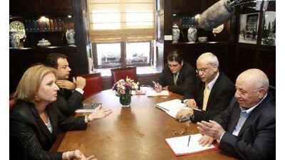 In Jerusalem in May 2008, during the most hopeful period in recent negotiations between Israel and the Palestinians, Tzipi Livni, left, then the Israeli foreign minister, sits across the table from the Palestinian negotiators Ahmed Qurei, right, and Saeb Erekat, second from right.