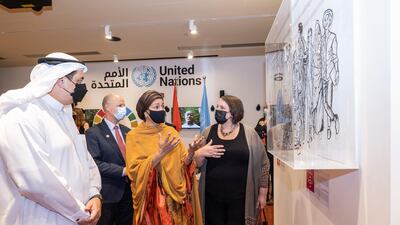 Amina Mohammed (centre) and Najeeb Mohammed Al-Ali (left), executive director commissioner general office, Expo 2020 Dubai and Dr Dena Assaf (right), resident coordinator for the United Nations in the UAE and Deputy Commissioner General for United Nations, at Expo visit the United Nations Hub.