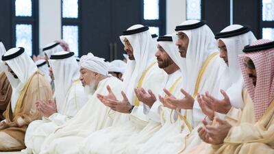 Lt General Sheikh Saif bin Zayed, UAE Deputy Prime Minister and Minister of Interior (2nd R), Sheikh Saeed bin Zayed, Abu Dhabi Ruler's Representative, Sheikh Suroor bin Mohamed (4th R), Sheikh Mohamed bin Zayed, Crown Prince of Abu Dhabi and Deputy Supreme Commander of the UAE Armed Forces (5th R) and Shaykh Abdallah bin Bayyah (6th R), professor of Islamic studies at King Abdul Aziz University attend Eid Al Fitr prayers at the Sheikh Sultan bin Zayed the First mosque in Al Bateen. Rashed Al Mansoori / Ministry of Presidential Affairs