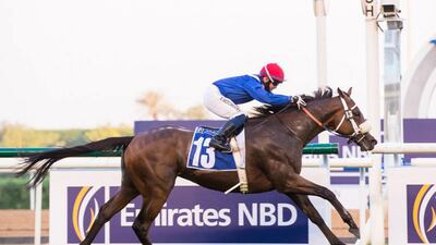 Sam Hitchcott rides Bawaasil to victory to complete a double for trainer Doug Watson at Meydan’s final meeting of the season on Thursday, April 8, 2021. Courtesy DRC