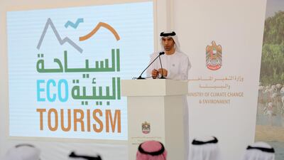 Dr Thani Al Zeyoudi, Minister of Climate Change and Environment, launches the Ecotourism UAE app in Ras Al Khaimah on Saturday. Chris Whiteoak / The National