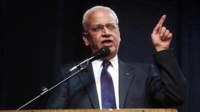 Palestinian chief negotiator Saeb Erekat delivers an address at the Arab School in Santiago de Chile, Chile, on August 14, 2015. EPA