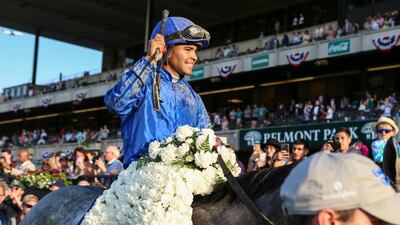 Essential Quality, ridden by Luis Saez, made up amends for Kentucky Derby disappointment with the Belmont Stakes win. Getty