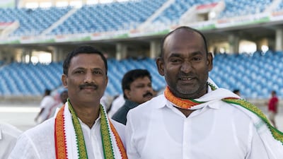 Syed Ibrahim and his friend, Mohammed Nausad, have come from Ajman to attend Rahul Gandhi's speech today at Dubai International Cricket Stadium. Reem Mohammed / The National