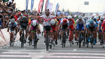 Fernando Gaviria raises his arms in celebration after winning Stage 2 of the 2020 Vuelta a San Juan. Courtesy UAE Team Emirates