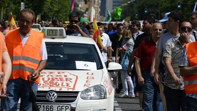 While Uber is not currently operating in Madrid, taxi drivers are protesting against its imminent launch and the government's lack of regulation on the app. Uber services are only available in Barcelona at the moment. Hugo Ortuno / EPA