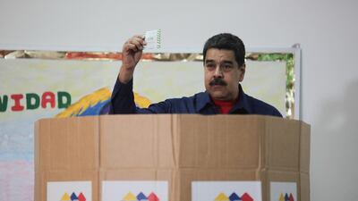 Venezuelan President Nicolas Maduro, casting during the municipal elections in Caracas, Venezuela. Miraflores handout/ EPA
