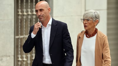 Former president of the Spanish football federation Luis Rubiales and his lawyer Olga Tubau leave the Audiencia Nacional court in Madrid on September 15, 2023. AFP