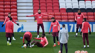 The Barcelona team train during a FC Barcelona training session, on the eve of their Champions League Quarter Final match against Manchester United, at Old Trafford in Manchester, England. Getty