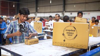 Snapdeal staff in Bhiwandi work overtime to dispatch goods bought by customers in anticipation of Diwali. Subhash Sharma for The National