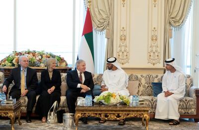 Sheikh Mohammed bin Zayed, Crown Prince of Abu Dhabi and Deputy Supreme Commander of the Armed Forces, receives retired General Anthony Zinni, United States envoy (3rd right), during a Sea Palace barza. Also pictured is Sheikh Hazza bin Zayed, Vice Chairman of the Abu Dhabi Executive Council. Rashed Al Mansoori / Crown Prince Court - Abu Dhabi