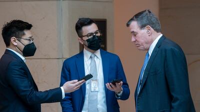 Senate Intelligence Committee Chairman Mark Warner talks to reporters prior to a briefing held by National Security Advisor Jake Sullivan. EPA