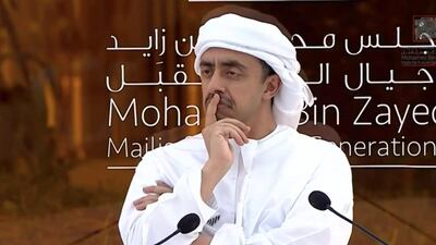Sheikh Abdullah bin Zayed speaks to Emirati students at an outdoor question-and-answer session for the Mohamed bin Zayed Majlis for Future Generations