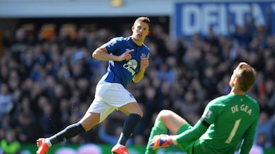 Everton's Kevin Mirallas reacts after scoring the third goal past David De Gea against Manchester United on Sunday in their Premier League victory. Peter Powell / EPA