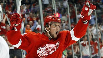 Detroit Red Wings player Justin Abdelkader celebrates a goal against the Toronto Maple Leafs in an NHL victory on Friday night. Paul Sancya / AP / October 9, 2015