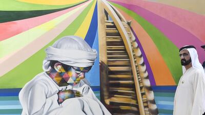 Sheikh Mohammed bin Rashid, Vice President and Ruler of Dubai, visits Dubai Canvas 3-D Art Festival on Friday. The festival, in Dubai’s City Walk, features the works of 25 artists, including four Emiratis, and is open to the public until March 7. Courtesy Dubai Media Office