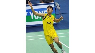 China's Lin Dan prepares to return to Misha Zilberman of Israel during the first round in Hyderabad.