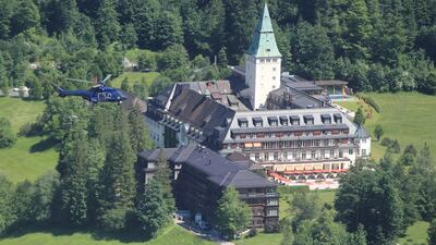 An AS 332 Super Puma helicopter from Germany's Bundespolizei flies over Schloss Elmau, during flight and security training for the upcoming G7 leaders summit, near Garmisch-Partenkirchen, Germany. Reuters