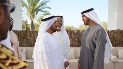 President Sheikh Mohamed speaks to Lt Gen Obaid Al Kaabi, left, and Hamad Mohammed Thani Al Rumaithi, Military Affairs Adviser to the UAE President, centre