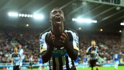 Papiss Demba Cisse of Newcastle United celebrates after scoring a goal to level the scores at 1-1 against Everton at St James’ Park. Mark Runnacles / Getty Images