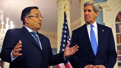 Egyptian Foreign Minister Nabil Fahmy and the US Secretary of State John Kerry talk to the media prior to their meetings in Washington, DC on April 29. Mladen Antonov / AFP Photo