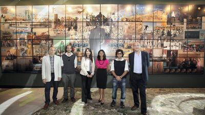 Key members pose for a photograph at the launch of the festival 'Shubbak : A Window on Contemporary Arab Culture'. From left to right: Khaled Fahmy, Professor and Chair of the Department of History at the American University in Cairo, Tamer Abu Ghazaleh, a Palestinian composer, Noreen Abu Oun, the Executive Director of the Arab-British Centre, Munira Mirza, a Mayoral Advisor on Arts and Culture, Zeid Hamdan, a pioneer of modern Arabic music, Omar Al-Qattan. Getty Images