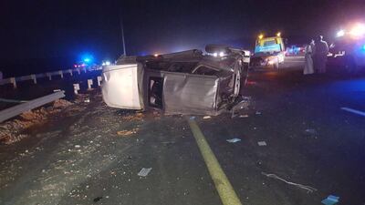 A teenage Emirati died and five others were injured in the three-car crash on Emirates Road in Ras Al Khaimah on Saturday. Courtesy RAK Police
