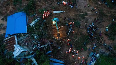 This aerial view shows rescue workers searching for landslide survivors in Thalphyugone village in Paung township, Mon state on August 9, 2019. A landslide caused by heavy monsoon rains killed at least 13 people and injured dozens more in eastern Myanmar. AFP