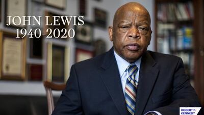 An In Memoriam for John Lewis is seen at the 52nd annual Robert F. Kennedy Jr Ripple of Hope Award gala, honoring modern-day human rights defenders on December 10, 2020 in Various Cities. Mandatory Credit: Photo by Robert F. Kennedy Human Rights/Shutterstock (11533177h)